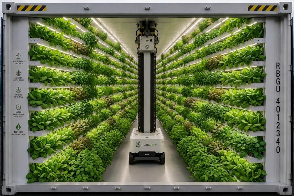 RoboGrow hydroponic system channels and LED lighting